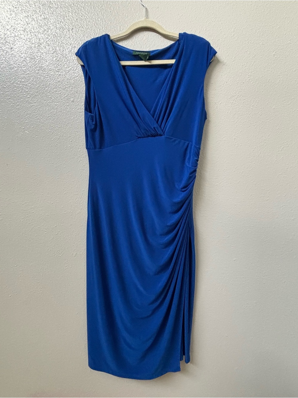 Lauren Ralph Lauren Royal Blue V-Neck Ruched Midi Dress